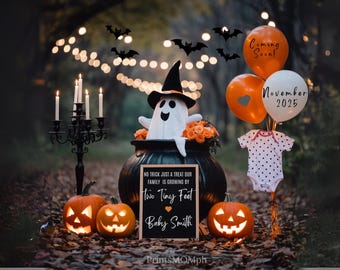 May include: A Halloween pregnancy announcement featuring a cauldron, ghost, pumpkins, and balloons. The cauldron contains a ghost in a witch's hat. Balloons say "Coming Soon!" and "November 2025." A sign reads "Two Tiny Feet Baby Smith."