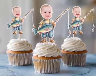 Ofishally One Custom Face Cupcake Toppers Fishing Birthday Party custom party decor Ofishally Birthday Topper file Kids birthday party decor
