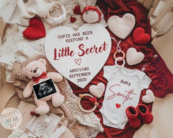 Valentines Day pregnancy announcement Digital Pregnancy Announcement Template  Gender neutral Reveal Social Media Cupid Little Secret PA084