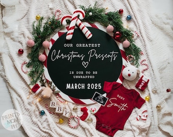 Christmas Digital Pregnancy Announcement December Baby Announcement Gender Neutral Social Media, Editable Template Holiday presents PA054