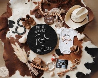 Western Pregnancy Announcement Cowboy Baby Announcement our first rodeo baby announcement  Gender neutral Social Media reveal Template