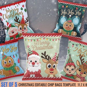Modello modificabile per sacchetti di patatine Modello per sacchetti di patatine di Babbo Natale per feste di bambini Etichetta per sacchetti di caramelle e dolcetti Stampabile Canva Modifica set di 5 CP06