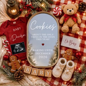 May include: A red baby bodysuit with the text Baby Davidson and an ultrasound image, an oval mirror with the text Cookies aren't the only thing in the oven this year! Baking until December 2026, a teddy bear, gingerbread cookies, and baby booties.