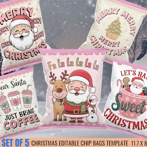 Modello modificabile per sacchetto di patatine Modello per sacchetto di patatine rosa di Babbo Natale per bambini Etichetta per sacchetto di caramelle e dolcetti per feste Stampabile Canva Set di 5CP7