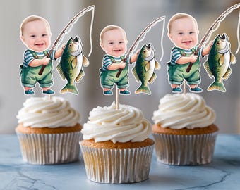 Ofishally One Custom Face Cupcake Toppers Fishing Birthday Party custom party decor Ofishally Birthday Topper file Kids birthday party decor