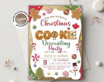 Könnte beinhalten: Eine festliche Einladung zur Weihnachts-Kekse-Dekorationsparty. Das Design zeigt Lebkuchenmänner, Zuckerstangen und einen Schneemann. Der Einladungstext lautet: "Sie sind zur Weihnachts-Kekse-Dekorationsparty eingeladen".
