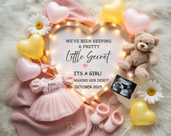 May include: A pink heart-shaped sign with the text "We've been keeping a pretty little secret. It's a girl! Making her debut October 2025."  The sign is surrounded by pink and yellow balloons, a teddy bear, a baby girl's outfit, and an ultrasound image.