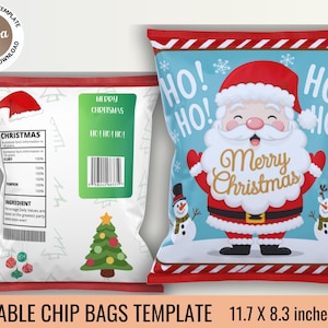 Editable chip bag template Christmas Santa Claus chip bag template kids party favor candy bag label printable Canva edit Christmas favors 01