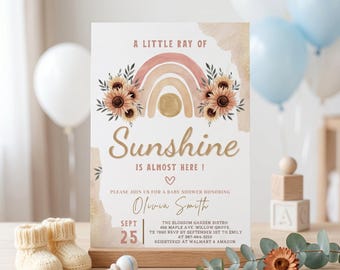 A Little Ray of Sunshine Boho Rainbow Baby Shower Invitation boho Sunflower gender neutral baby shower invitation editable template rainbow