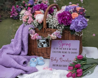 Anuncio de embarazo de primavera editable Anuncio digital de bebé de primavera Plantilla de anuncio para redes sociales Anuncio floral de bebé neutro en cuanto al género