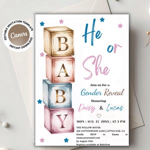 Plantilla de invitación para revelar el género del bebé con bloques. Invitación editable para revelar el género del bebé. Invitación para él o ella. Invitación para bloques de bebé. Descarga instantánea.