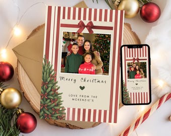 May include: Christmas card with a family photo, framed by red and white stripes and a red bow. The card says "Merry Christmas" and "Love from the McKenzie's". A smartphone displays the same design.