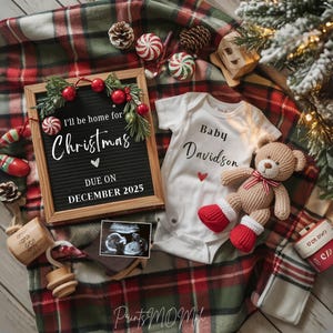 Kerstzwangerschapsaankondiging Digitale babyaankondiging December baby Genderneutraal Social Media Reveal I'll Be Home for Christmas baby
