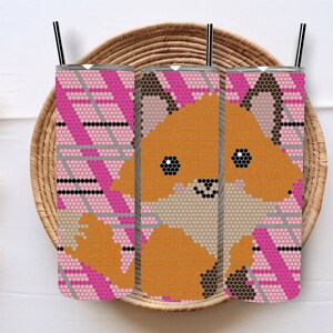 May include: Three stainless steel tumblers with a pink and black plaid pattern and a cartoon fox design.
