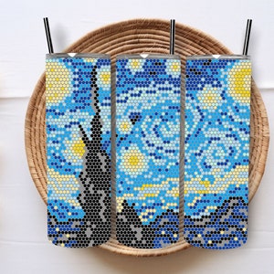 May include: Three stainless steel tumblers with a mosaic pattern inspired by Vincent van Gogh's Starry Night. The tumblers are blue, yellow, and white with a black outline.
