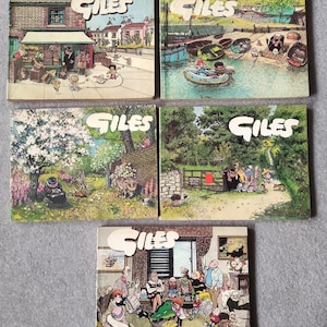 Giles Annuals 1974–1979 (5 Book Set) • Vintage UK Cartoon Books • 70s British Satire by Carl Giles • Rare Collector's Bundle