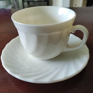 Vintage Arcopal France Cup and Saucer | White Opal Glass | Mid Century French Teacup Set | 1960s Minimalist Kitchen Decor