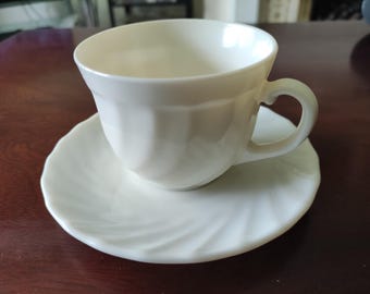 Vintage Arcopal France Cup and Saucer | White Opal Glass | Mid Century French Teacup Set | 1960s Minimalist Kitchen Decor
