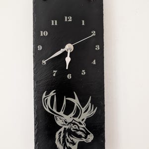 Laser Engraved Stag Hanging Slate Clock | Unique Home Decor Gift | Rustic Wall Clock | Personalized Gift for Nature Lovers