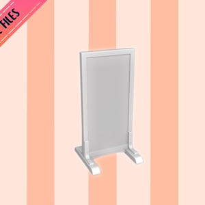 May include: A white, rectangular sign with a frame, standing on a base. The sign is set against a peach and white striped background. The text "1:12 STL FILES" is on a pink banner in the upper left corner.