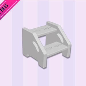 May include: A light gray, two-step miniature staircase with rounded cutouts on the sides. The text "baby hub" is printed on each step. The image includes a diagonal banner that reads "1:12 STL FILES" in a gradient of pink and purple.