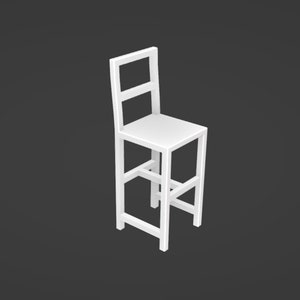 Puede incluir: Un taburete de bar de madera blanca con un diseño sencillo. El taburete tiene un asiento rectangular y un respaldo con una barra horizontal.