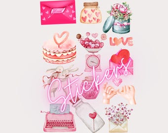 Valentine's Day Stickers - Pink Heart Ephemera, Scrapbook Art (PDF)