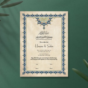 Nikkah-Zertifikat auf Texturpapier Islamisches Ornament Luxusstil Premium Islamisches Hochzeitsvertrag Geschenk | Nikkah-Pen mit Feder
