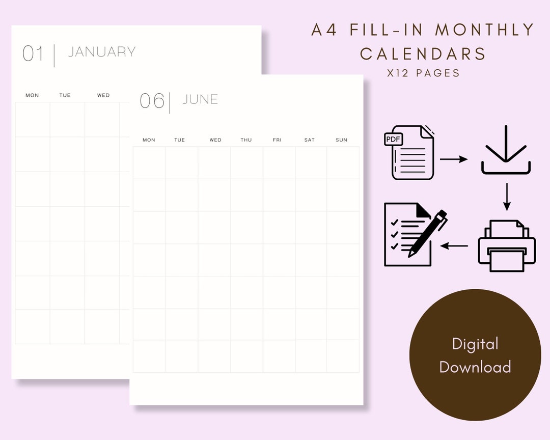 2024 Fillin Monthly Calendar, Print at Home, Minimalist Design Calendar, Digital Download. Etsy