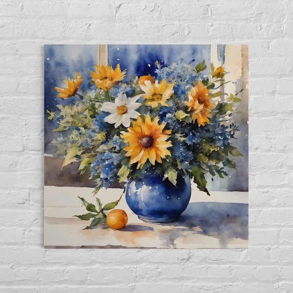 Nowoczesny obraz na płótnie Bukiet zimowy z żółtymi i niebieskimi kwiatami