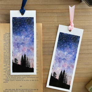 Forest and starry sky bookmark for book lovers, printed page marker with a watercolor galaxy illustration