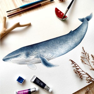 Originele blauwe vinvis aquarel, nautisch decor met handgeschilderde aquarel walvisvis, decoratieve visillustratieafdruk