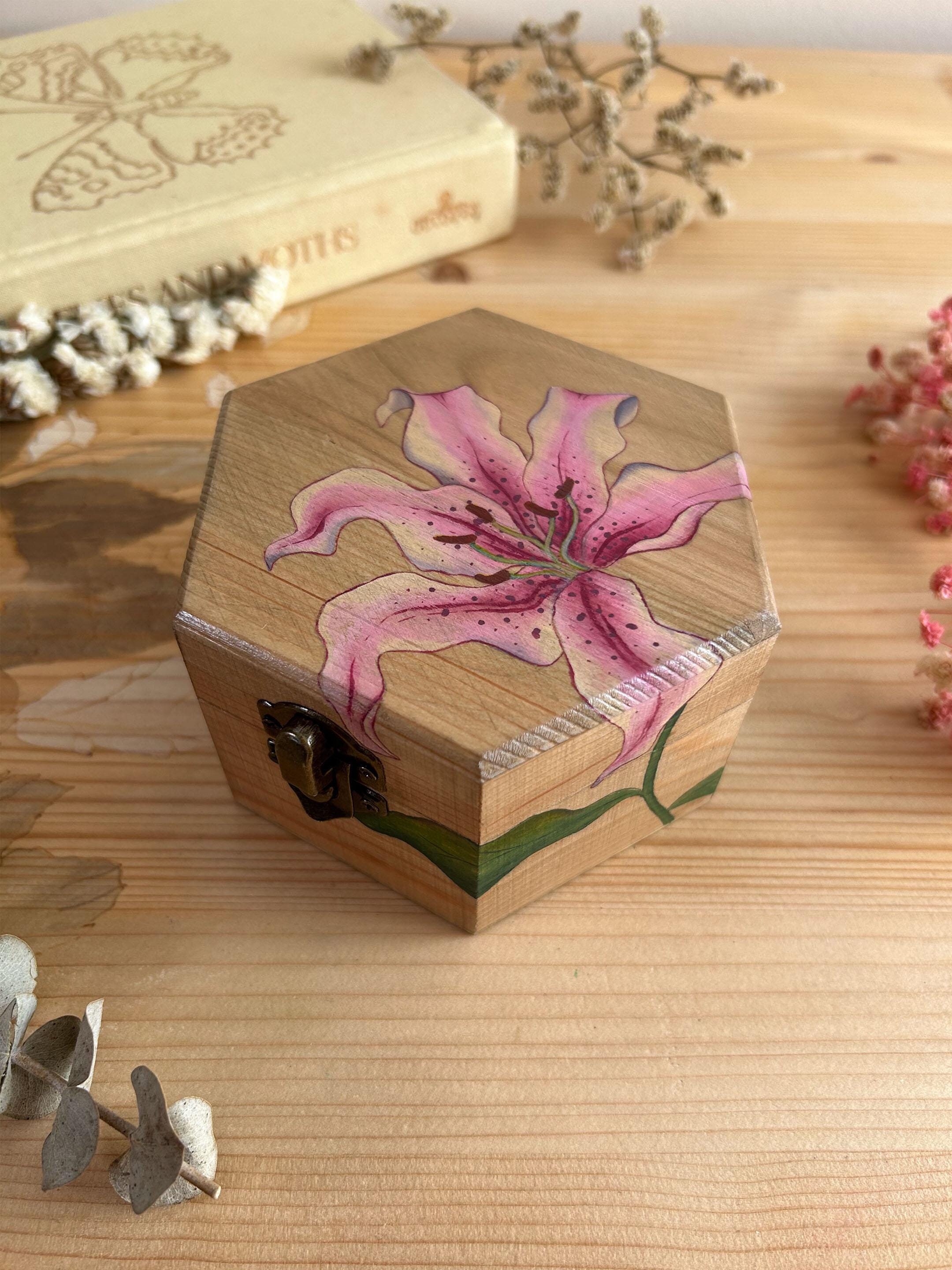 Wooden Box With Hand Painted Pink Lily Flower, Handmade Jewelry