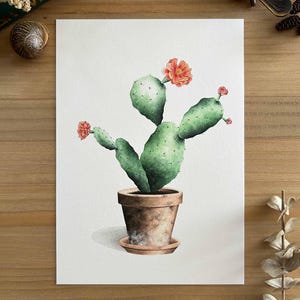 Aquarell-Kaktusdruck mit Feigenkaktus, botanische Illustration einer Opuntia-Pflanze mit Blumen