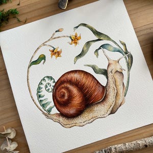 Original painting of snails and flowers, hand-painted watercolor forest art, cottagecore decor