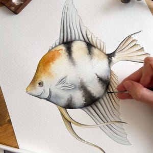 Handgemaltes Kaiserfisch-Aquarell, Original-Ozean-Gemälde, gestreifter Fisch, Meereskunst-Wohndekor, tropische Aquarell-Illustration