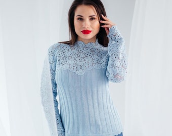 MURIEL CROCHET BLOUSE | Blue Cotton Blouse, Crochet Insert, Guipure Lace, Long Sleeve Blouse, Luxury Top, Gift | Handmade in Ireland