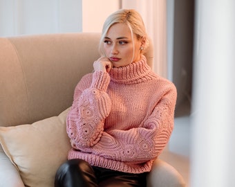 Handmade Chunky Knit Sweater: Pink Wool Cowl Neck Jumper