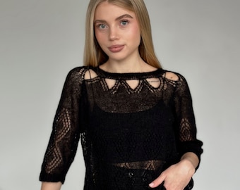 VALERIE CROCHET TOP | Handmade Mohair Blouse, Black Sweater, Knit Jumper, Medium Sleeve, Crochet Blouse, Gift | Ireland Crochet