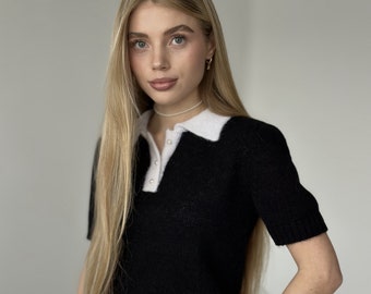 MADELAINE KNIT BLOUSE | Classic Black Top, White Collar, Crochet Mohair Blouse, Short Sleeve, Luxury Gift, Timeless Design | Irish Crochet