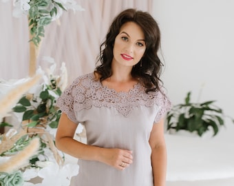 KATIE DESIGNER BLOUSE | Lilac Shirt, Oversized Linen Top, Cotton Insert, Guipure Lace, Short Sleeve, Classic Blouse, Gift | Crochet Ireland