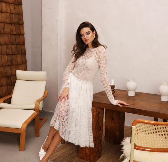 Handmade Mohair Knitted Dress: White Belted Long Sleeve Handmade Mohair Knitted Dress: White Belted Long Sleeve