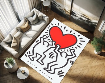 Keith Haring Inspired, Printed Rug, Heart Design Floor Decor, Unique Stickman Artwork,Stylish Home Accessories,Bold Living Room Accent Piece