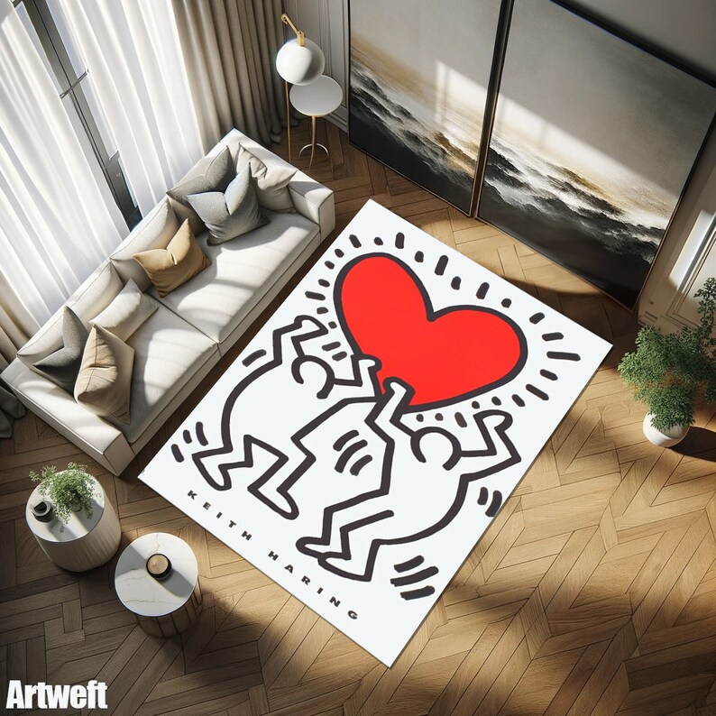 Keith Haring Inspired, Printed Rug, Heart Design Floor Decor, Unique