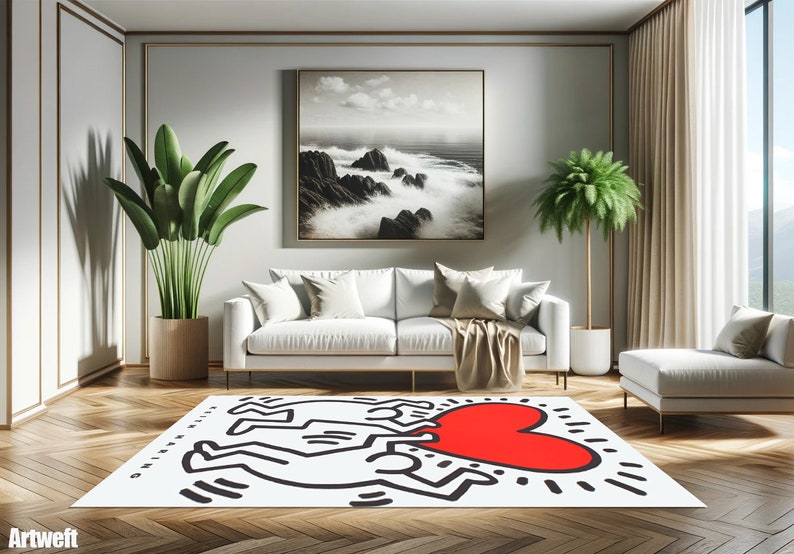 Keith Haring Inspired, Printed Rug, Heart Design Floor Decor, Unique