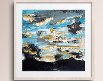 Acrylic abstract painting gold, sunset clouds, painting on canvas