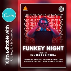 May include: A promotional poster with a dark red background, featuring a man wearing headphones and sunglasses. The poster advertises a "FUNKEY NIGHT" party, with the text "NIGHT PARTY" repeated vertically. The Canva logo is visible.