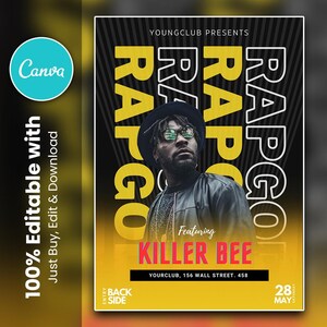 Op de afbeelding: Een promotieposter voor een muziekevenement. De poster toont een portret van een man met een hoed en bril, met de woorden "RAP GO" in grote letters. De tekst "Featuring KILLER BEE" is ook te zien, samen met evenementdetails.