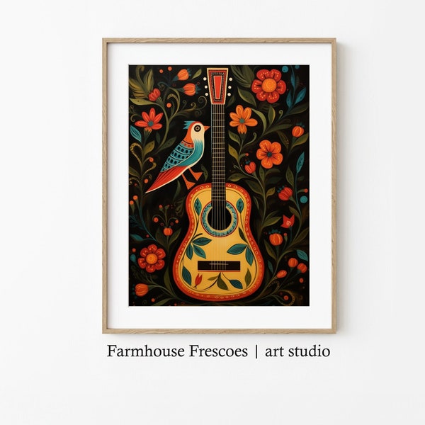 Printable Folk Art Painting | DIGITAL DOWNLOAD | Guitar Art Print | Farmhouse Country Decor | Farmhouse Wall Art | Music Themed Art Print