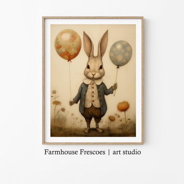 Printable Rabbit Painting | Digital Download | Whimsical Rabbit Art | Vintage Farmhouse Art | Country Farmhouse Decor | Child's Room Art